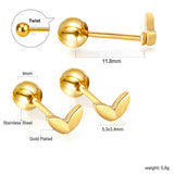 Gold coloured steel ball screw-in leaf stud earrings