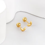 Gold coloured steel ball screw-in leaf stud earrings