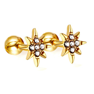 Gold coloured steel ball screw-in lucky star stud earrings with white diamonds