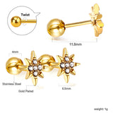 Gold coloured steel ball screw-in lucky star stud earrings with white diamonds