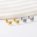 Gold coloured steel ball screw-in lucky star stud earrings with white diamonds