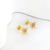 Gold coloured steel ball screw-in lucky star stud earrings with white diamonds