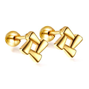 Gold coloured steel ball screw plug square block earrings