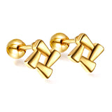 Gold coloured steel ball screw plug square block earrings