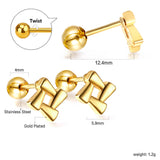 Gold coloured steel ball screw plug square block earrings