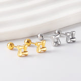 Gold coloured steel ball screw plug square block earrings