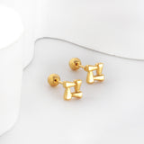 Gold coloured steel ball screw plug square block earrings