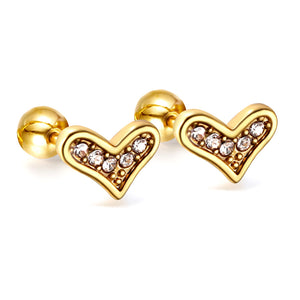 Gold coloured steel ball screw-in crooked star with white diamonds stud earrings