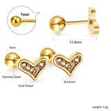 Gold coloured steel ball screw-in crooked star with white diamonds stud earrings