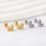 Gold coloured steel ball screw-in crooked star with white diamonds stud earrings