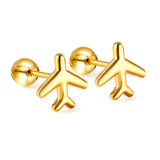 Gold coloured steel ball screw-in aeroplane stud earrings