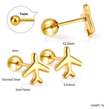 Gold coloured steel ball screw-in aeroplane stud earrings