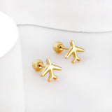 Gold coloured steel ball screw-in aeroplane stud earrings