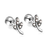 Gold coloured steel ball screw back leaves with white diamonds stud earrings