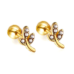 Gold coloured steel ball screw back leaves with white diamonds stud earrings