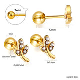 Gold coloured steel ball screw back leaves with white diamonds stud earrings