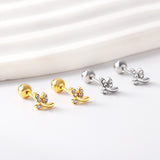 Gold coloured steel ball screw back leaves with white diamonds stud earrings