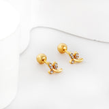 Gold coloured steel ball screw back leaves with white diamonds stud earrings