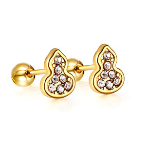 Gold coloured steel ball screw-in gourd with white diamonds stud earrings