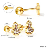 Gold coloured steel ball screw-in gourd with white diamonds stud earrings