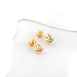 Gold coloured steel ball screw-in gourd with white diamonds stud earrings