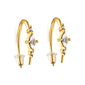 Gold coloured U-shaped stud earrings with white diamonds