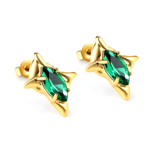 Gold coloured four-pointed star with green diamonds stud earrings