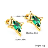 Gold coloured four-pointed star with green diamonds stud earrings