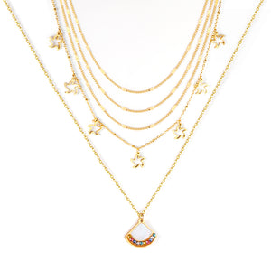 Fan + star pendant with mixed diamonds five chains 45 + 39 + 37 + 36 + 35 + 5cm gold