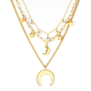 Moon+Star+Pearl Pendant Triple Chain 50+45+37+5cm Golden