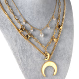 Moon+Star+Pearl Pendant Triple Chain 50+45+37+5cm Golden