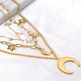 Moon+Star+Pearl Pendant Triple Chain 50+45+37+5cm Golden