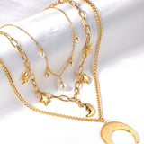 Moon+Star+Pearl Pendant Triple Chain 50+45+37+5cm Golden