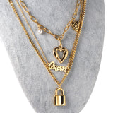 Lock + heart + pearl pendant three chains 48+43+40+5cm gold color