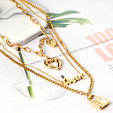 Lock + heart + pearl pendant three chains 48+43+40+5cm gold color