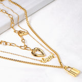 Lock + heart + pearl pendant three chains 48+43+40+5cm gold color