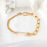 Button Pin & Pearl Accessory Bracelet 19cm Gold