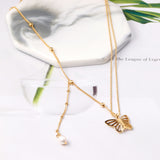 Butterfly pendant with white pearl necklace 40+6cm gold color