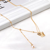 Butterfly pendant with white pearl necklace 40+6cm gold color