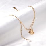 Butterfly pendant with white pearl necklace 40+6cm gold color