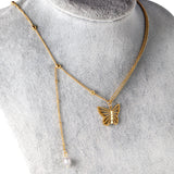 Butterfly pendant with white pearl necklace 40+6cm gold color