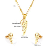 Steel/golden half of a wing shape faceted cut jewelry set without diamonds