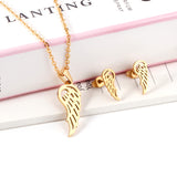 Steel/golden half of a wing shape faceted cut jewelry set without diamonds