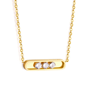 Golden hollow cylindrical center pendant necklace with white diamonds