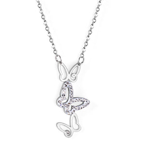 3 Butterfly Pendant Necklace with White Diamonds 40+5cm Steel Color