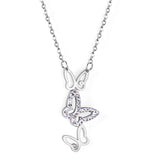 3 Butterfly Pendant Necklace with White Diamonds 40+5cm Steel Color