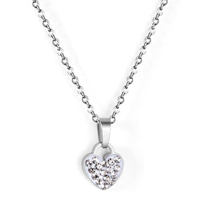 Heart pendant necklace with white diamonds 35+5cm steel color