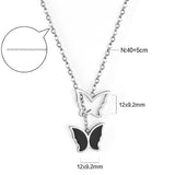 Double Butterfly Pendant Necklace with Black Oil Drops 40+5cm Steel Color