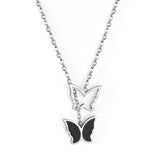 Double Butterfly Pendant Necklace with Black Oil Drops 40+5cm Steel Color