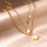 Rectangle+Round Pendant+Double Chain 45+43+5cm Golden